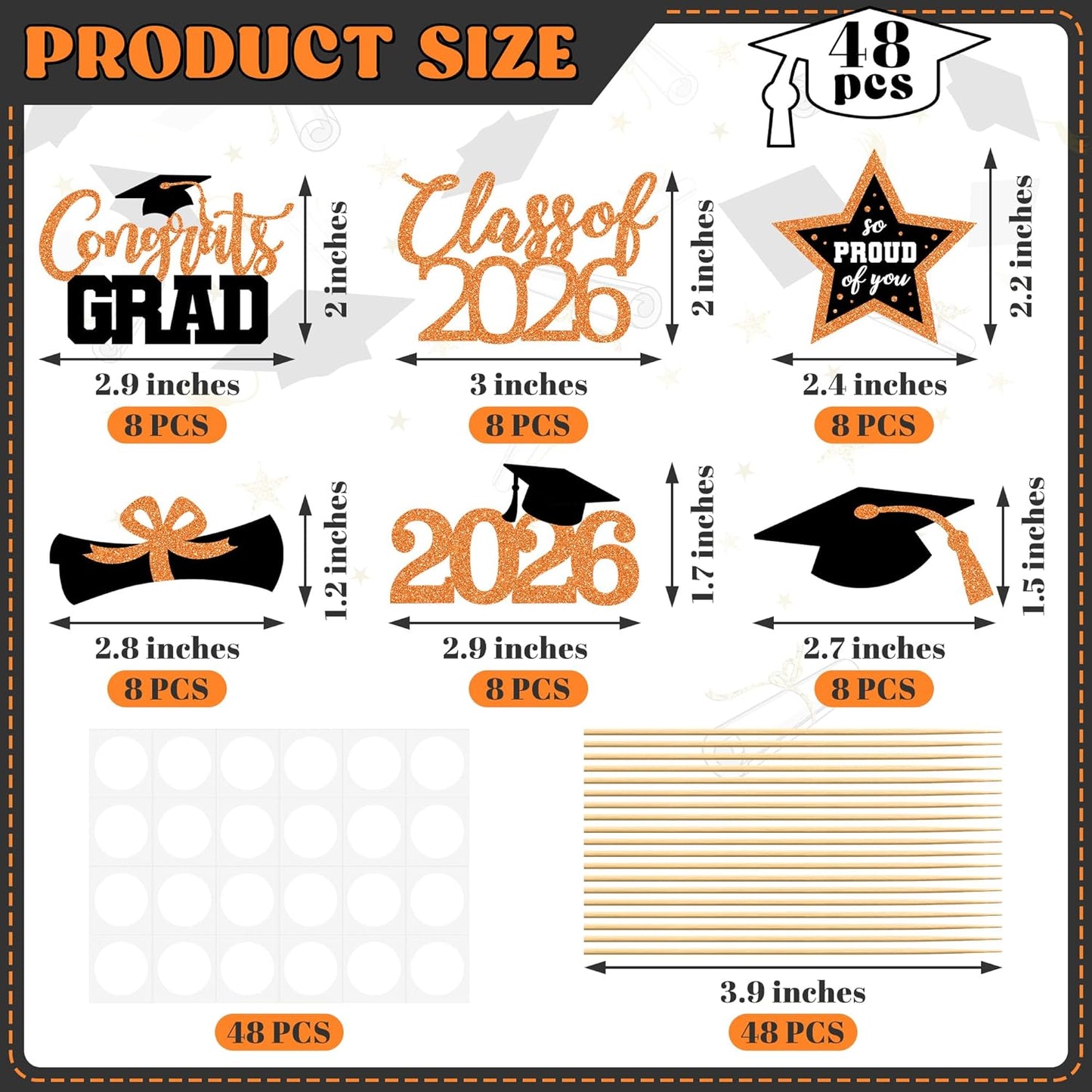 48 PCS Graduation Cupcake Toppers, Glittery 6 Styles Congrats Grad Cake Topper, Black and Red Graduation Decorations 2026, Cap and Diploma Cake Picks for Grad Party Supplies