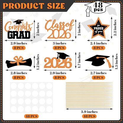 48 PCS Graduation Cupcake Toppers, Glittery 6 Styles Congrats Grad Cake Topper, Black and Red Graduation Decorations 2026, Cap and Diploma Cake Picks for Grad Party Supplies
