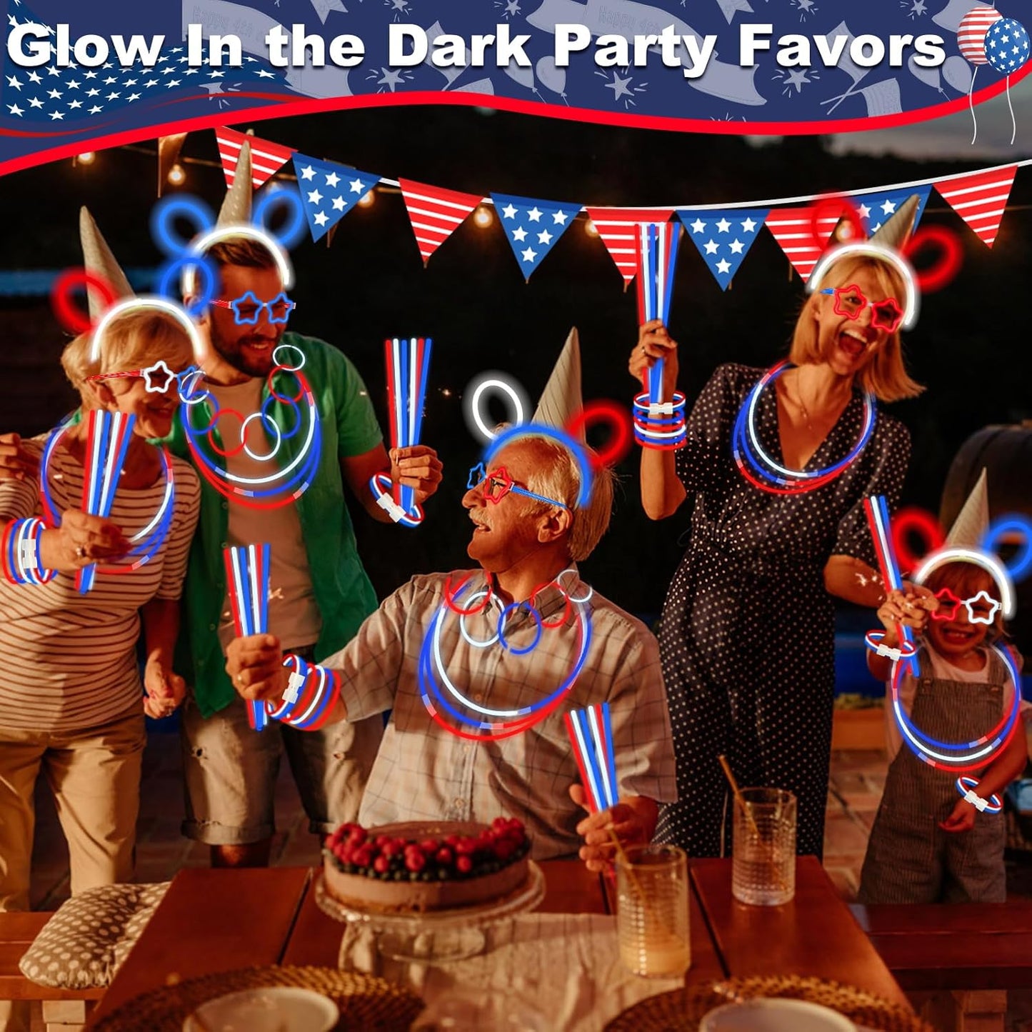 TURNMEON 248 Pcs 250th Anniversary 4th of July Light Up Party Favors, 24 Red White Blue Glasses 200 Patriotic Glow Sticks Bulk with Connectors Glow in the Dark Party Supplies Independence Day Decor