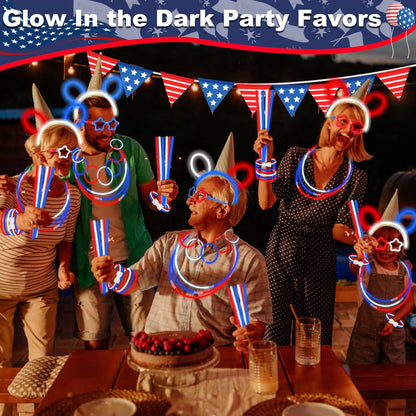 TURNMEON 248 Pcs 250th Anniversary 4th of July Light Up Party Favors, 24 Red White Blue Glasses 200 Patriotic Glow Sticks Bulk with Connectors Glow in the Dark Party Supplies Independence Day Decor