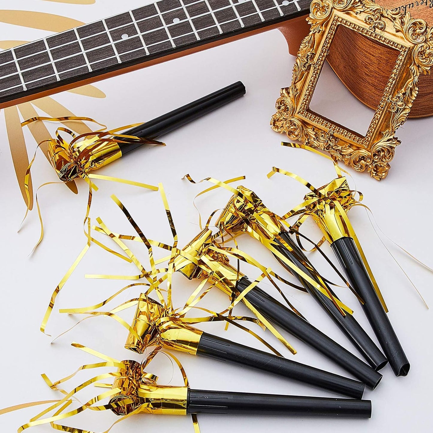 Skylety 18 Party Blower Noisemakers Glitter Birthday Noise Maker Squawkers Blowouts Whistles Fringed for Sport Events Musical Blowouts for Wedding 2026 Grad Party Supplies (Gold)