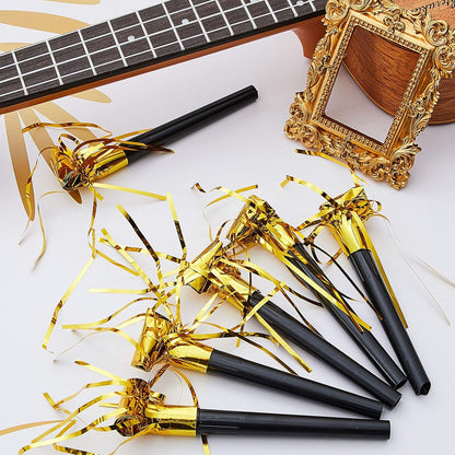 Skylety 18 Party Blower Noisemakers Glitter Birthday Noise Maker Squawkers Blowouts Whistles Fringed for Sport Events Musical Blowouts for Wedding 2026 Grad Party Supplies (Gold)