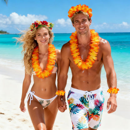 5 PCS Hawaiian Leis Flower Crown Set - Leis for Luau Party Tropical Orange Red Flower Crowns for Women Hawaiian Leis for Adults Flower Headband Summer Beach Hawaiian Party Decorations Accessories