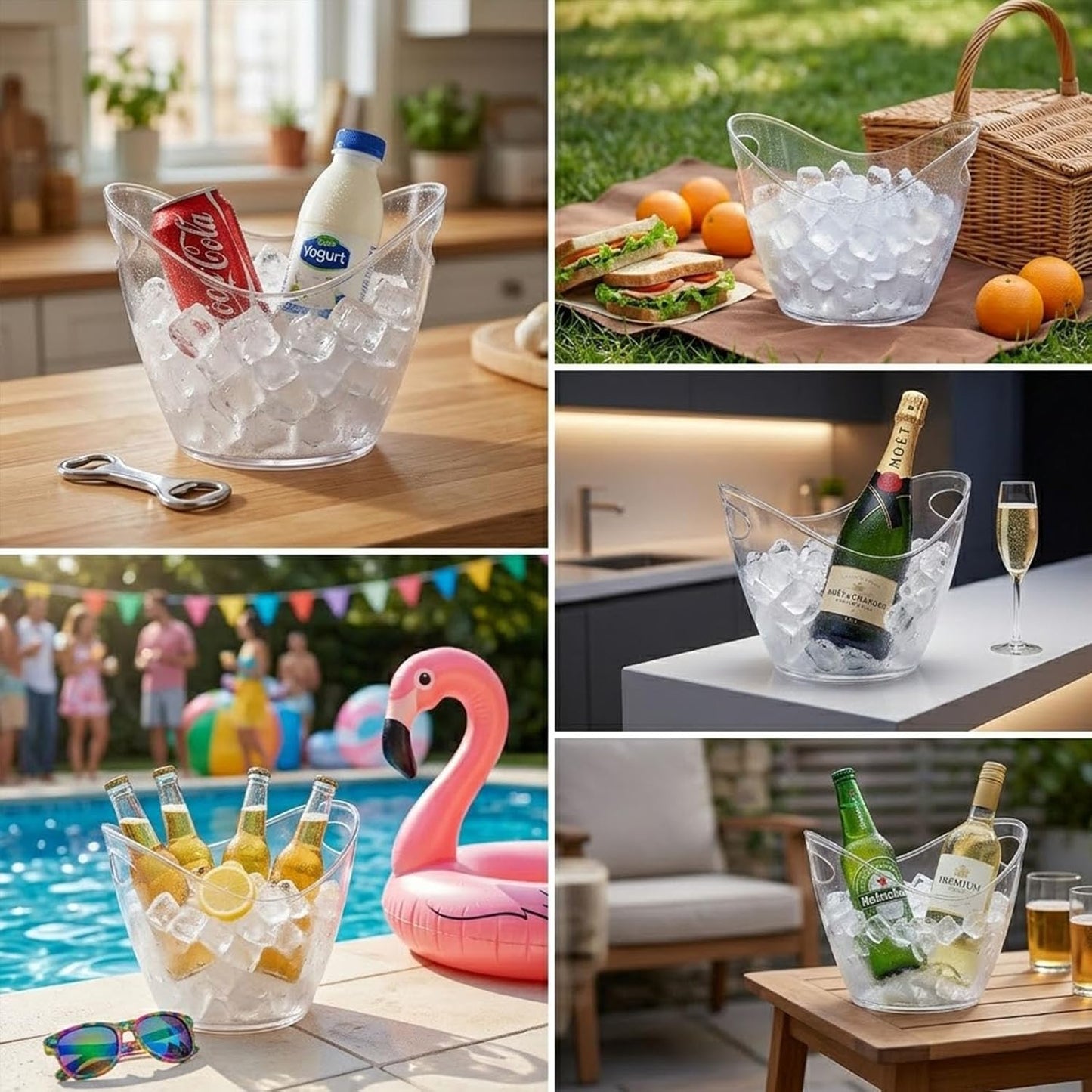 2 Pack 4L Clear Ice Bucket for Parties, Plastic Beverage Tub for Champagne Beer Wine, Mimosa Bar Supplies Drink Bucket for Cocktails & Events
