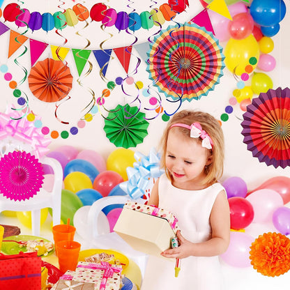LRCXL 12PCS Party Hanging Paper Fans Set, Fiesta Round Pattern Paper Garlands Decoration Party Supplies for New Year Baby Shower Birthday Wedding Graduation Events Accessories(Yellow)