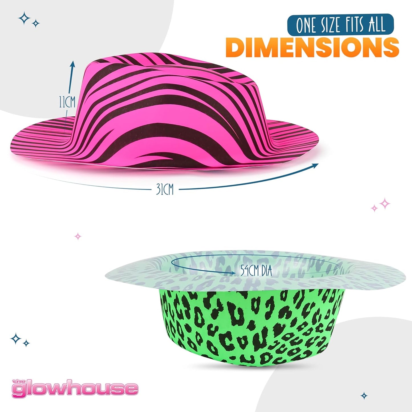 The Glowhouse Premium Neon Gangster Hats Plastic Fun Party Fedora UV Blacklight Glow Pack of 12 (Animal Print)