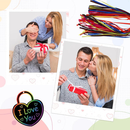 ShioShin 42 Pack Valentine's Day Rainbow Scratch Paper, DIY Rainbow Scratch Art, Scratch Art Party Favors with Wooden Styluses and Pieces Ribbons, Valentines Crafts for Creative Gifts Holiday Decor