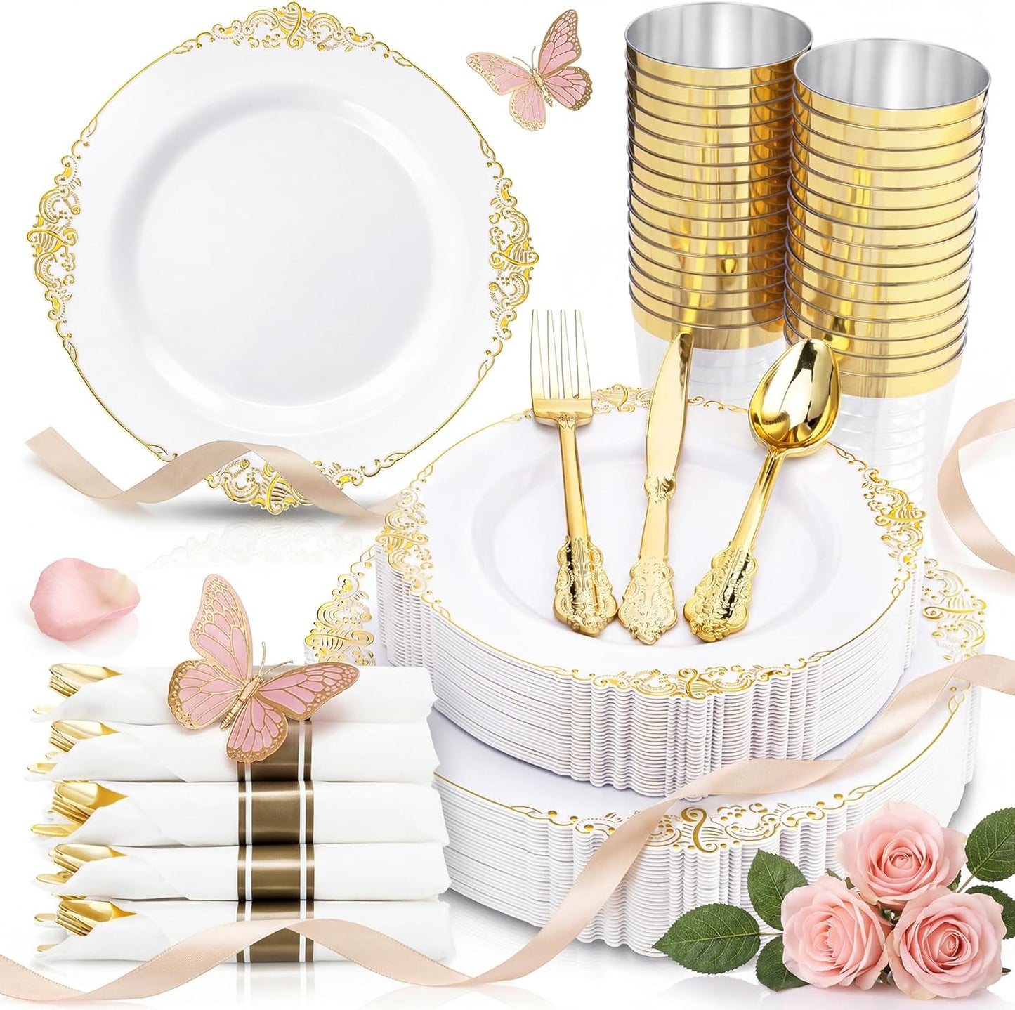 Nervure 350PCS Gold Plastic Plates - Gold Plastic Dinnerware Sets for 50 Guests - 100 Disposable Plates, 150 Silverware, 50 Cups, 50 Napkins for Wedding & Party & Mothers Day