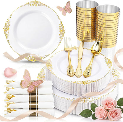 Nervure 350PCS Gold Plastic Plates - Gold Plastic Dinnerware Sets for 50 Guests - 100 Disposable Plates, 150 Silverware, 50 Cups, 50 Napkins for Wedding & Party & Mothers Day