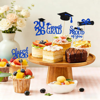 24 Pcs Graduation Cupcake Toppers 2026 - Congrats Grad Decorations Class of 2026, Pre-Assembled Black Gold Grad Cake Topper Centerpieces for Graduation Party Decoration Supplies Table Decor, 6 Styles