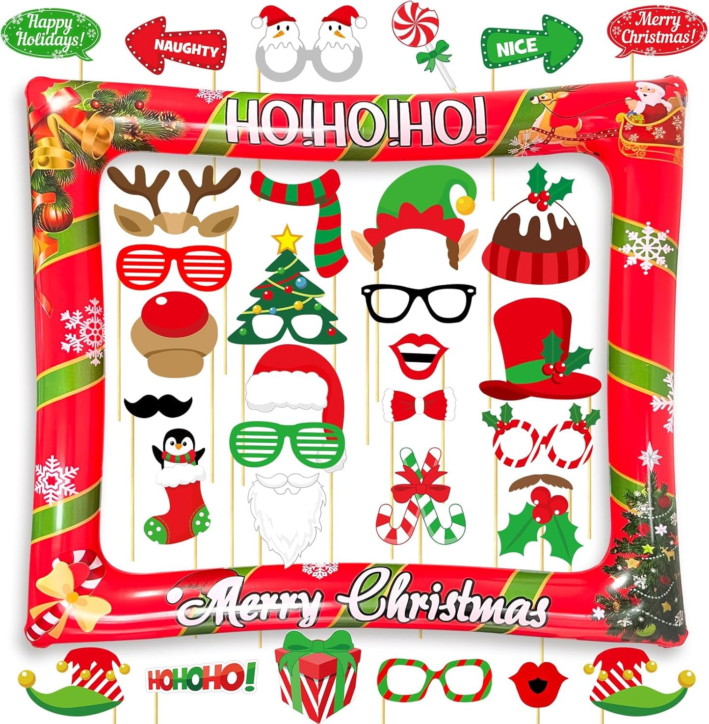 Hawaiian Photo Booth Props & Inflatable Frame, 30Pcs Luau Photobooth Props with Large Inflatable Inflatable Selfie Picture Frame for Summer Tropical Aloha Luau Party Selfie Supplies