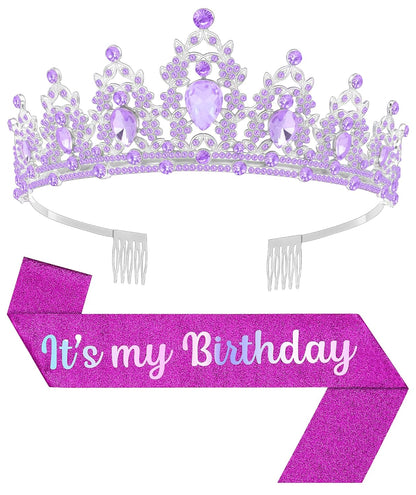 Birthday Tiara and Crown with Sash, Birthday Tiara for Women Party Silver