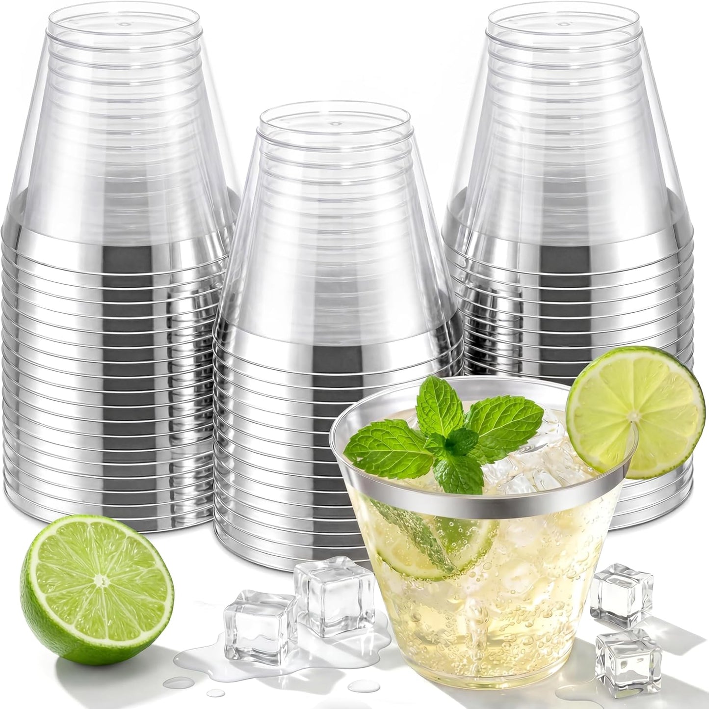 Nervure 120PCS Gold Plastic Cups - 9Oz Gold Rimmed Plastic Cups - Heavy Duty Disposable Clear Cup with Gold Rim Perfect for Weddings, Receptions & Parties