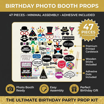 Funny Birthday Photo Booth Props - 47 Pieces - Funny Birthday Party Supplies for Him or Her - Photo Booth Decorations, Favors and Gifts
