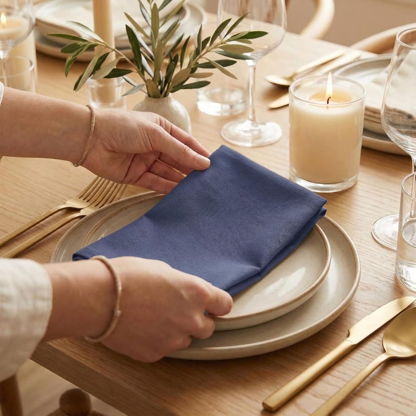 ACCENTHOME Natural Cotton Linen Napkin Set of 12 18x18 inch Dinner Napkins - Washable Soft Premium Hotel Quality Reusable Hemmed Edges Napkins Perfect Table Linens for Family Dinners, Weddings