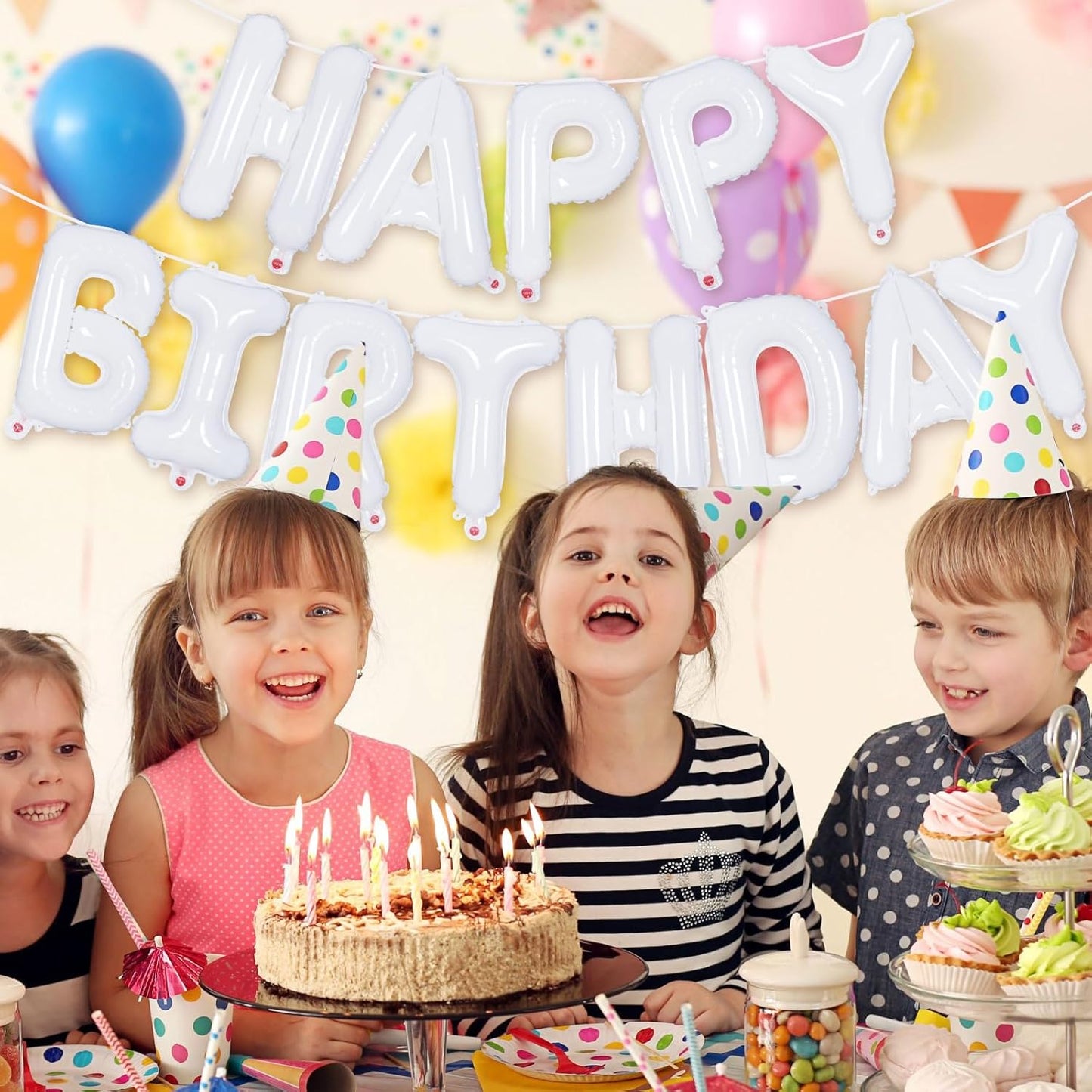 Happy Birthday Balloons Banner, Foil Balloon Personalized Name Letters Balloons Sign Birthday Party Decorations for Women Men Boys Girls Cream