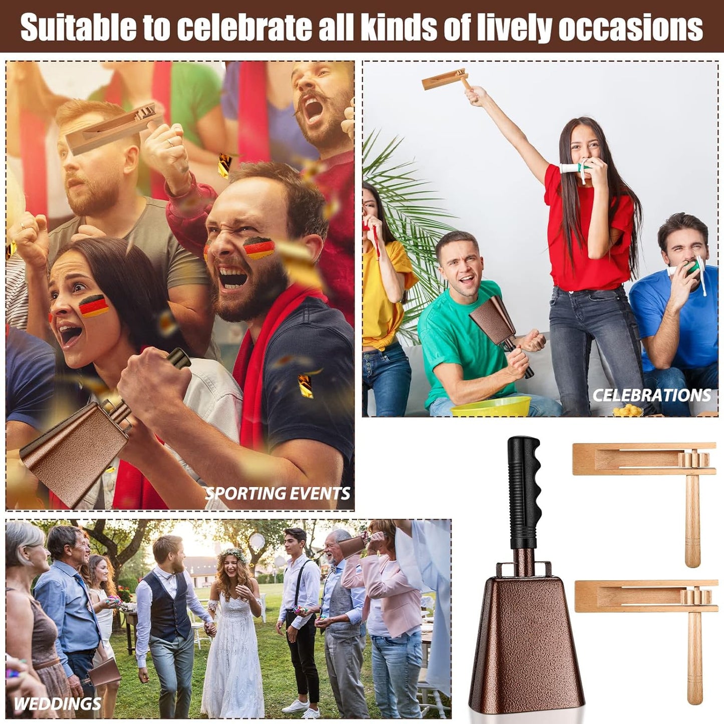 Nuanchu 10 Inch Cowbell Noise Makers for Sport Event Steel Cowbell with Handle and 2 Pcs Wooden Spinning Rattle Ratchet Matraca Cheer Bell Alarm for Football Game Musical Percussion Instruments(Brown)