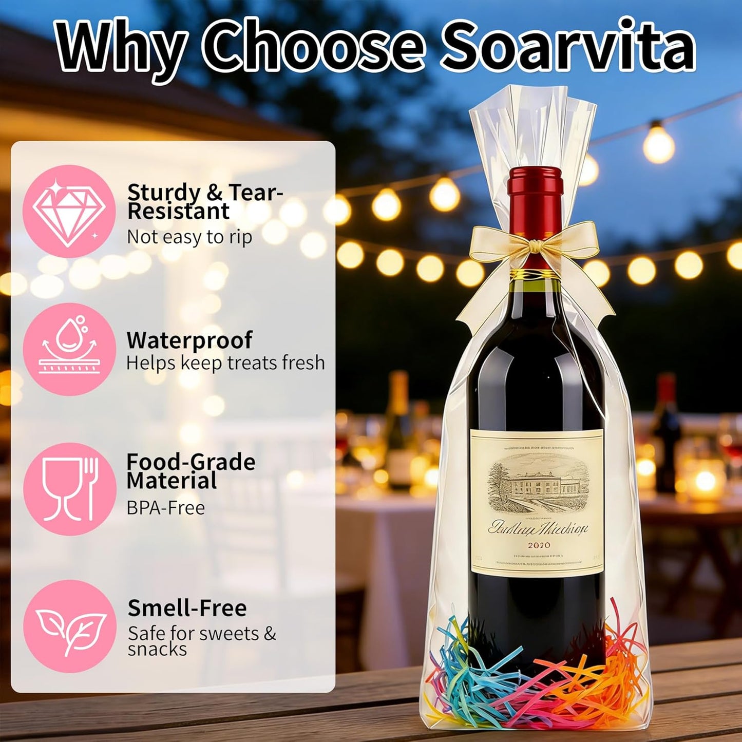 Soarvita 7x10 Inch Cellophane Treat Bags, 50 Pcs Clear Gift Bags with Bottom Gusset for Stand-Up Display, Cellophane Gift Wrap with 60 Gold Ties for Goodies, Treats, Candy, Party Favors, Toys