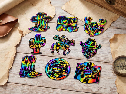 90shine 90 Pcs Western Cowboy Scratch Craft - DIY Rainbow Paper Cards Art Kit with Wooden Stylus for Rodeo Classroom Birthday Party Favors