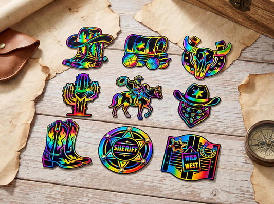 90shine 90 Pcs Western Cowboy Scratch Craft - DIY Rainbow Paper Cards Art Kit with Wooden Stylus for Rodeo Classroom Birthday Party Favors