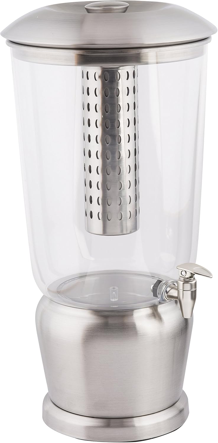 TableCraft 75 Upscale 2.5 Gallon Drink Dispenser with Fruit Infuser & Stand, Tritan & Brushed Stainless Steel, Cold Beverage Dispenser for Catering and Home Use