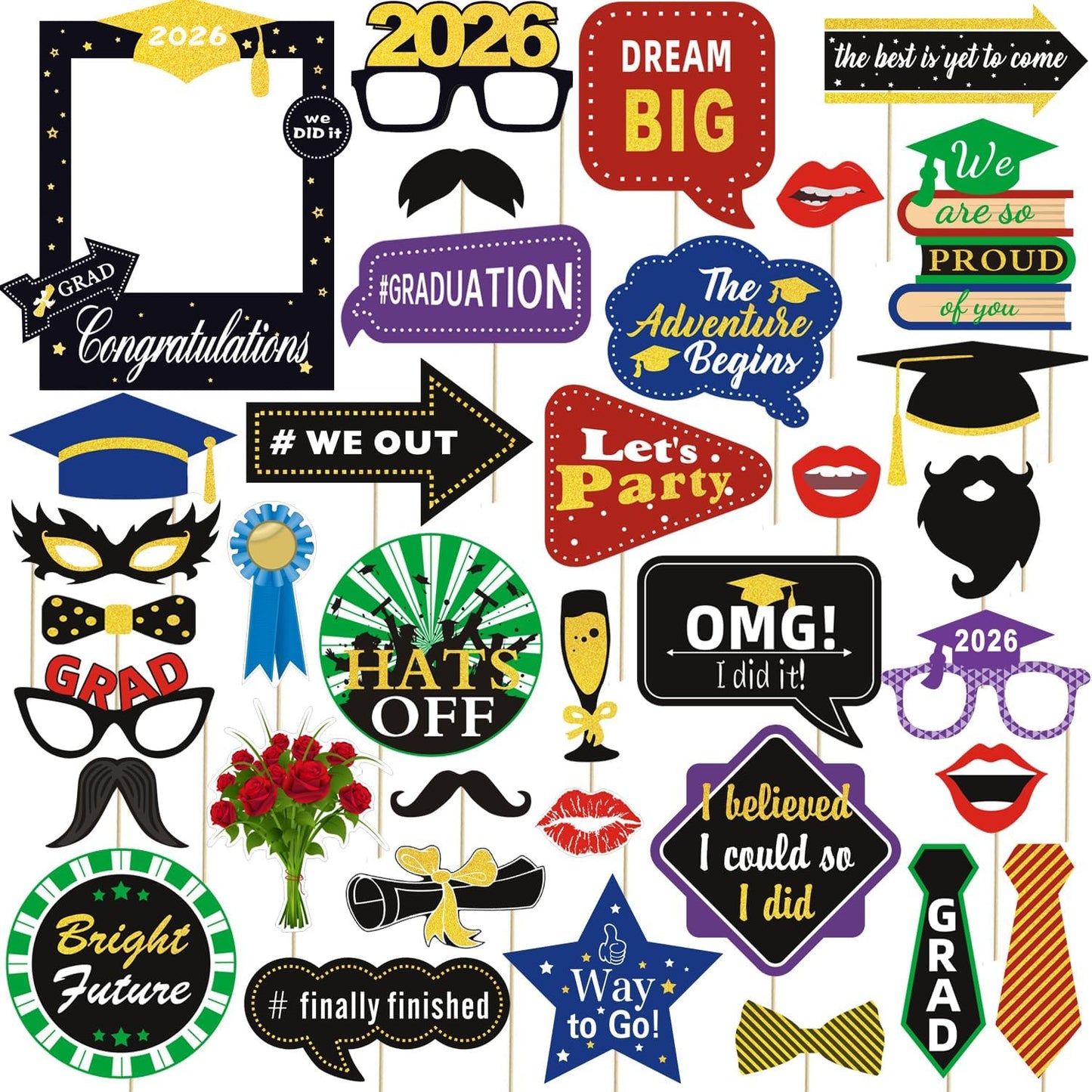 36pcs Graduation Photo Booth Props, Grad Photo Props, Graduation Decorations Class of 2026, 2026 Photo Booth Props Set for Graduation Party Favors Supplies Decorations, 2026 Grad Party Pose Signs