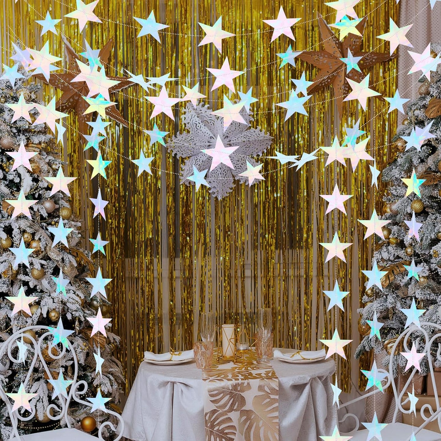 Spakon 65 Feet Glitter Star Paper Garland Banner Hanging Decoration Star Streamers Double Side 2026 Graduation Decorations for Wedding Birthday Festival New Year Party Decoration (Gold)