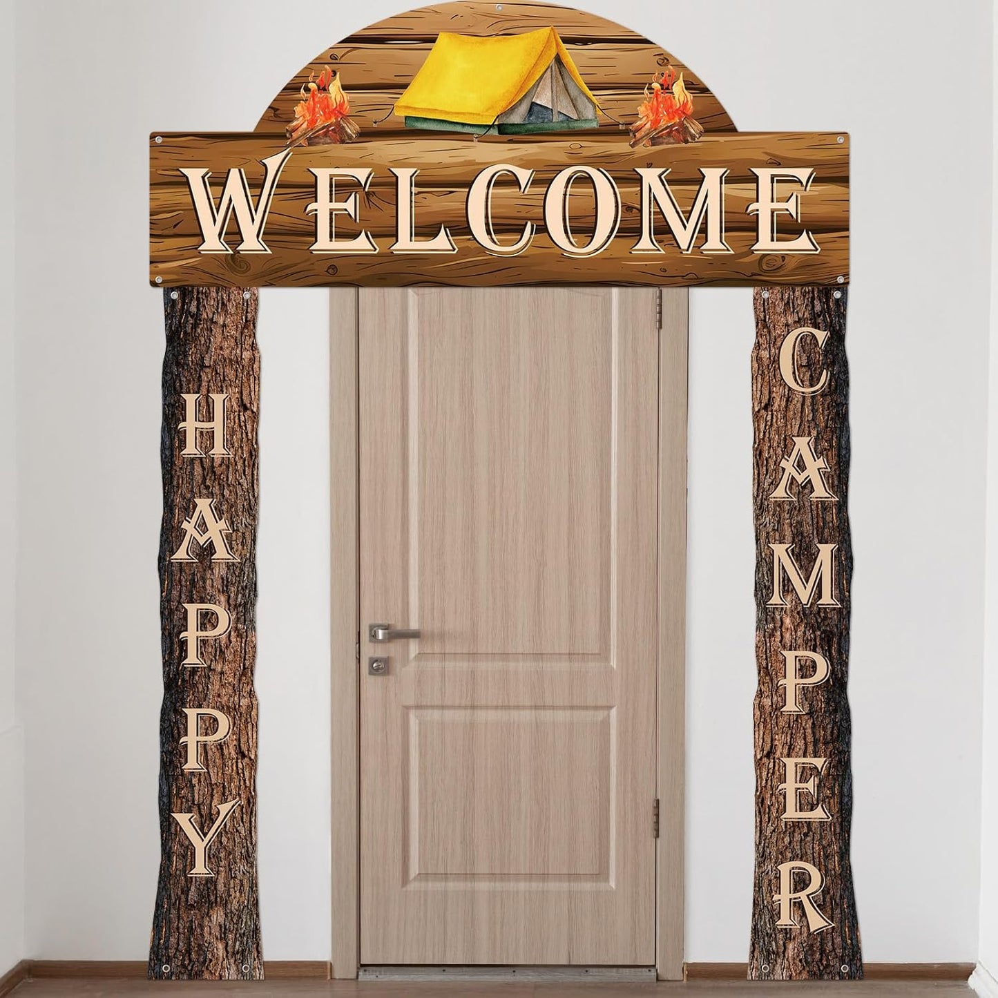 Peryiter 3 Pcs Camping Themed Party Decorations Banner Welcome Porch Sign with 1 Double Sided Tape for Summer Camp Birthday Hawaii Baby Shower Themed Party Activity Decor door (Forest Style)