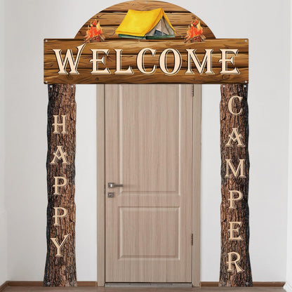 Peryiter 3 Pcs Camping Themed Party Decorations Banner Welcome Porch Sign with 1 Double Sided Tape for Summer Camp Birthday Hawaii Baby Shower Themed Party Activity Decor door (Forest Style)