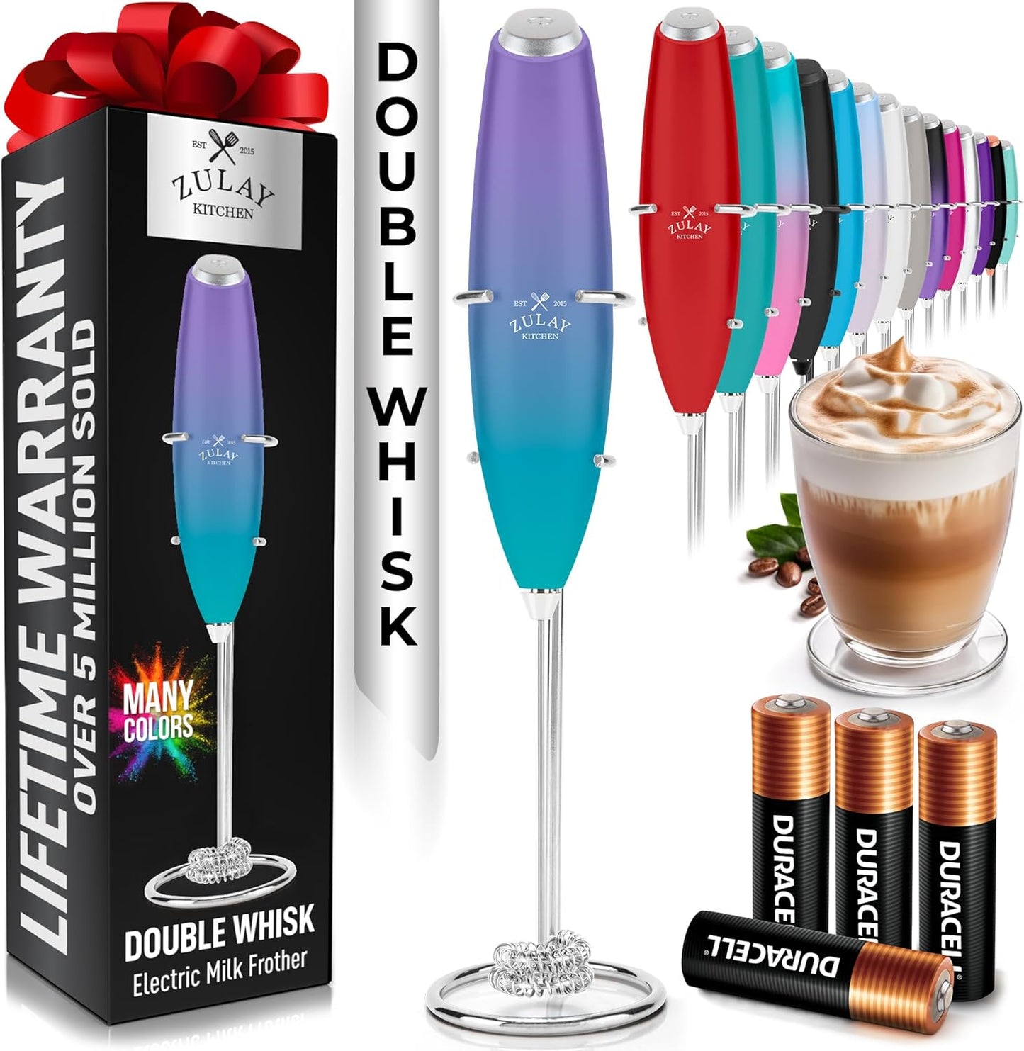 Zulay Kitchen Powerful Milk Frother Wand With Duracell Batteries - Ultra Fast Handheld Drink Mixer - Electric Whisk Foam Maker for Coffee, Lattes, Cappuccino & Matcha - Z1 Motor - Black - Colors D