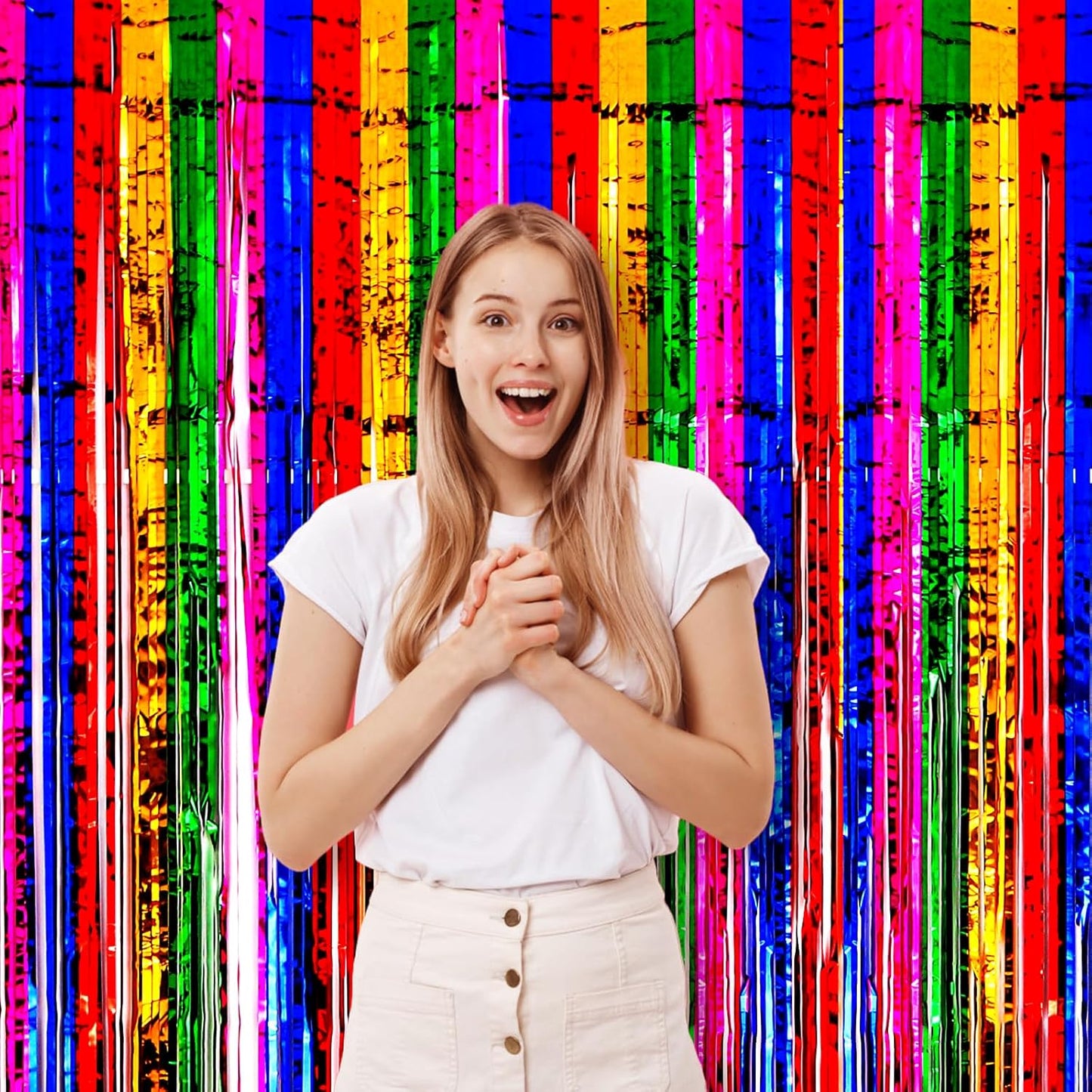 Voircoloria 3 Pack 3.3x8.2 Feet Gold Foil Fringe Backdrop Curtains, Tinsel Streamers, Fringe Backdrop for 2025 New Years Eve, Graduation, Birthday, Baby Shower, Gender Reveal, Disco Party - Colors A