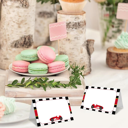 Table Place Cards, Race Car Place Cards for Table Setting, Racing Car Themed Tent Style Food Name Labels, Receptions Parties Events Celebrations Fill-in Place Cards, 25 Pack -09
