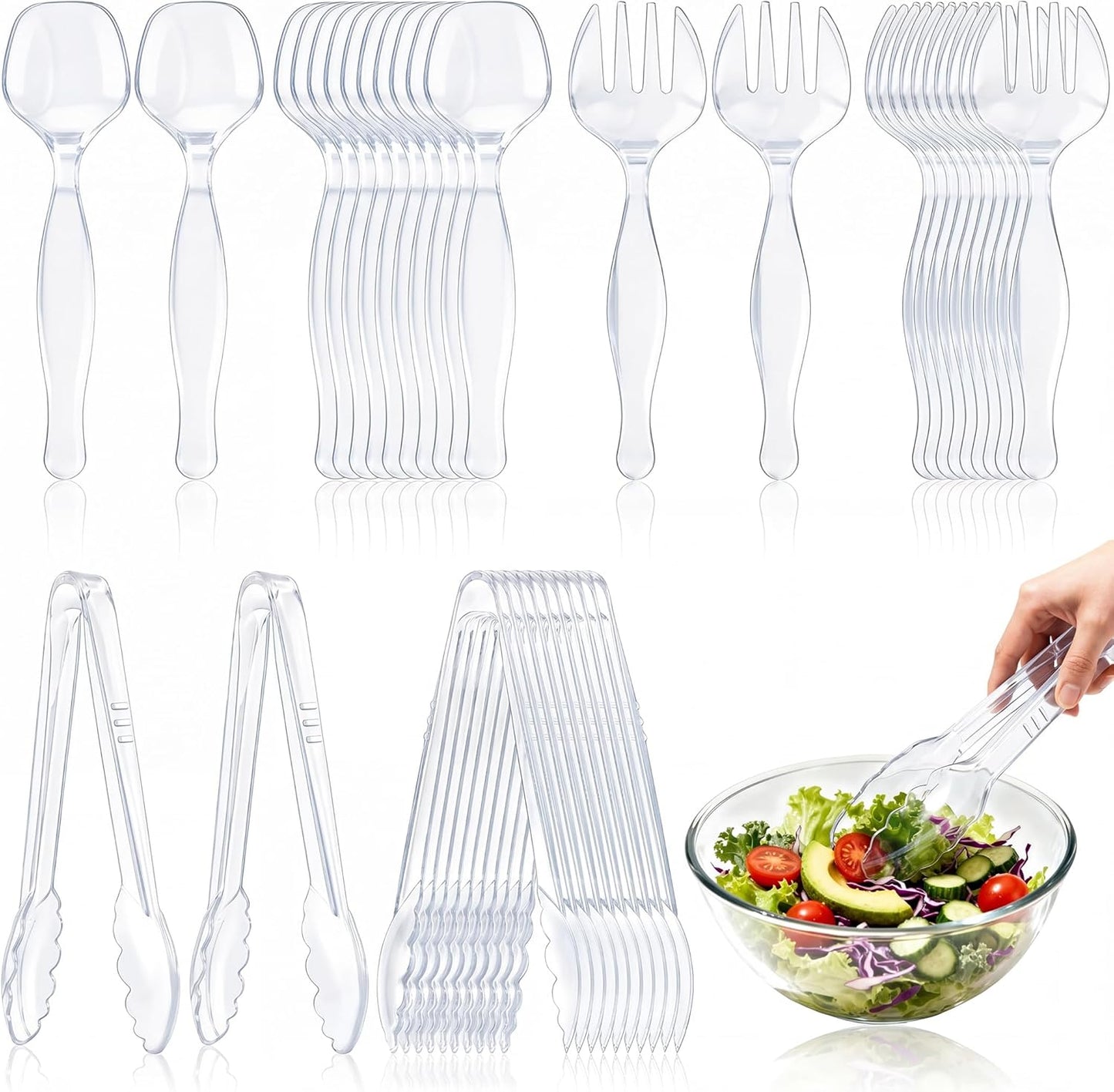 36Pcs Disposable Plastic Serving Utensils Set, 12 Black Spoons, 12 Forks, 12 Tongs, 9-Inch for Party Buffet Catering Events, Heavy Duty and Ergonomic Design