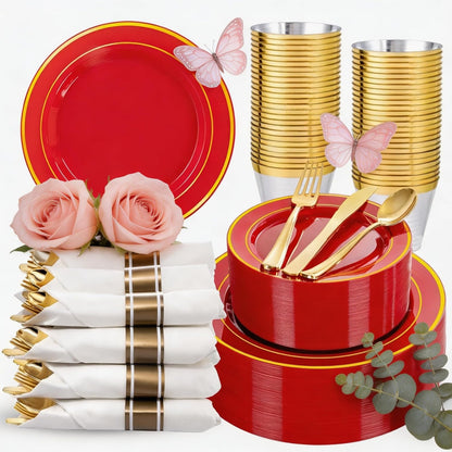 350 Pieces Black and Gold Plastic Plates with Disposable Silverware, Include 50 Dinner Plates 9”, 50 Dessert Plates 6.3”, 50 Black Cups 9 OZ, 50 Pre Rolled Napkins for Wedding Party Graduation