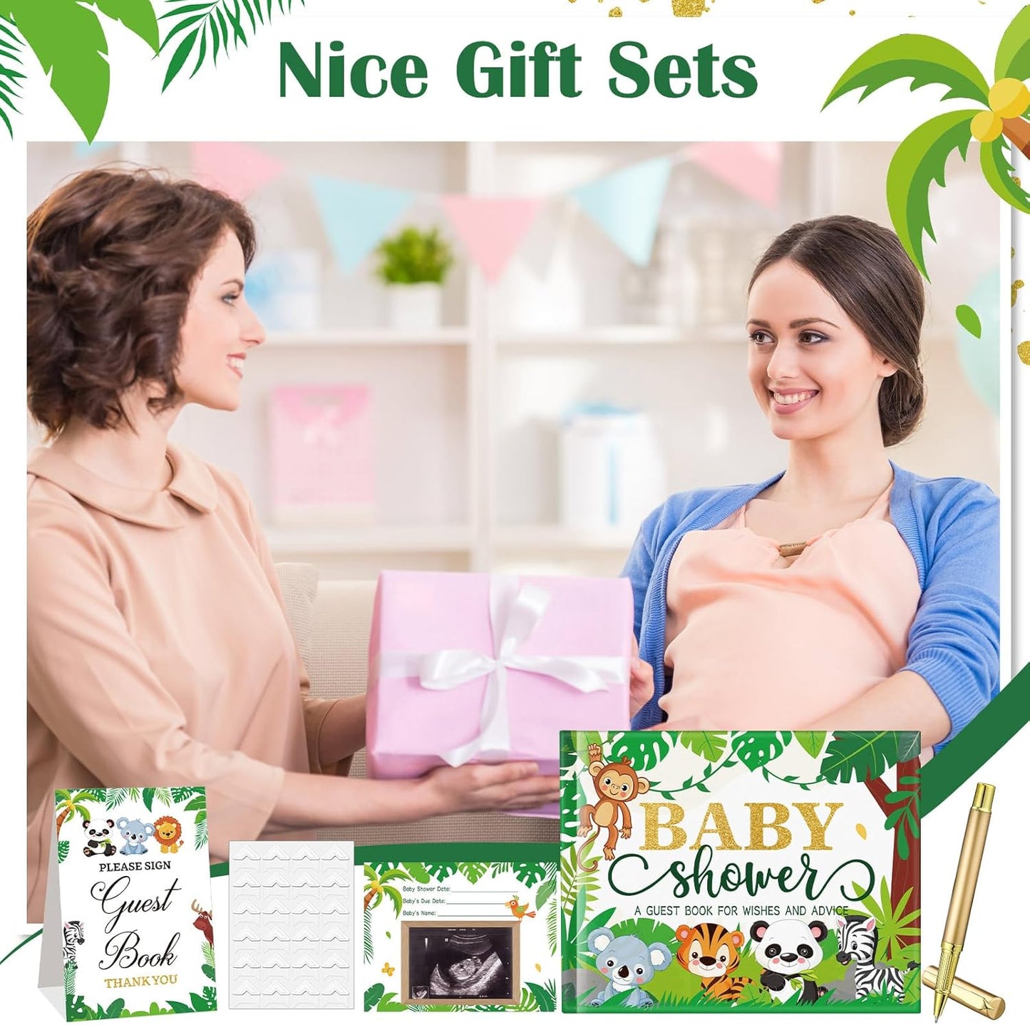 Fuyoooo 27 Pcs Safari Animal Baby Shower Guest Book Set Baby Shower Sign in Guest Floral Book Place Table Cards with Gold Pen Adhesive Photo Corner for Birthday Party