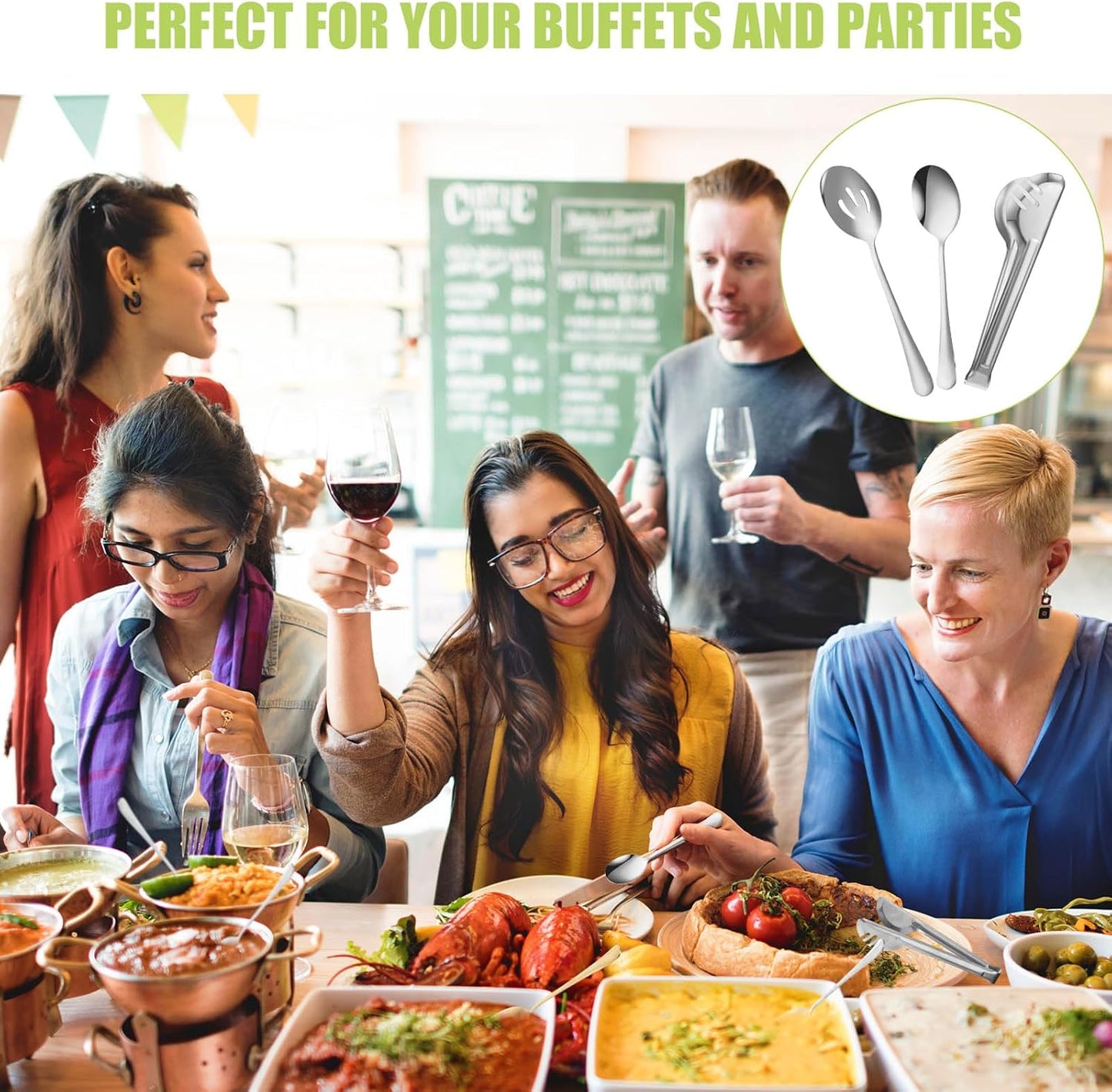 Sabary 36 Pcs Stainless Steel Serving Utensils for Buffet Parties Including 12 Serving Spoons 12 Slotted Spoons 12 Serving Tongs Large Metal Flatware Set for Tanksgiving Catering Banquet(Gold)