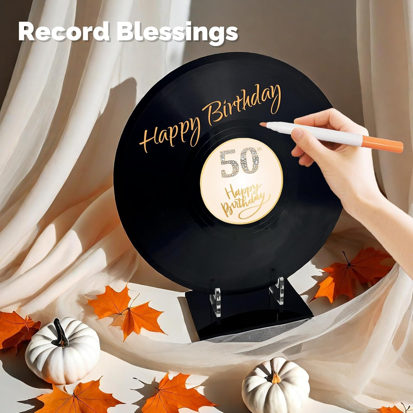 REEGII Vinyl Record Style Birthday Guest Book for Birthday Decorations - Large 11.6"x11.6" Sign-In Poster with 12 Pens | Unique Keepsake Gift for Birthday Party Decor (Happy Birthday, Golden, 11.6"L x 11.6"W)