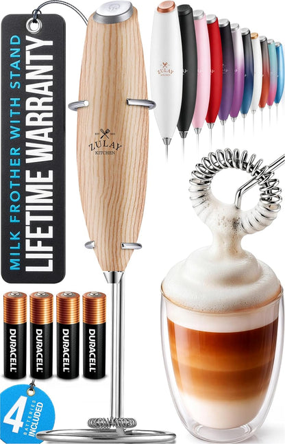 Zulay Kitchen Powerful Milk Frother Wand With Duracell Batteries - Ultra Fast Handheld Drink Mixer - Electric Whisk Foam Maker for Coffee, Lattes, Cappuccino & Matcha - Z1 Motor - Black - Colors A