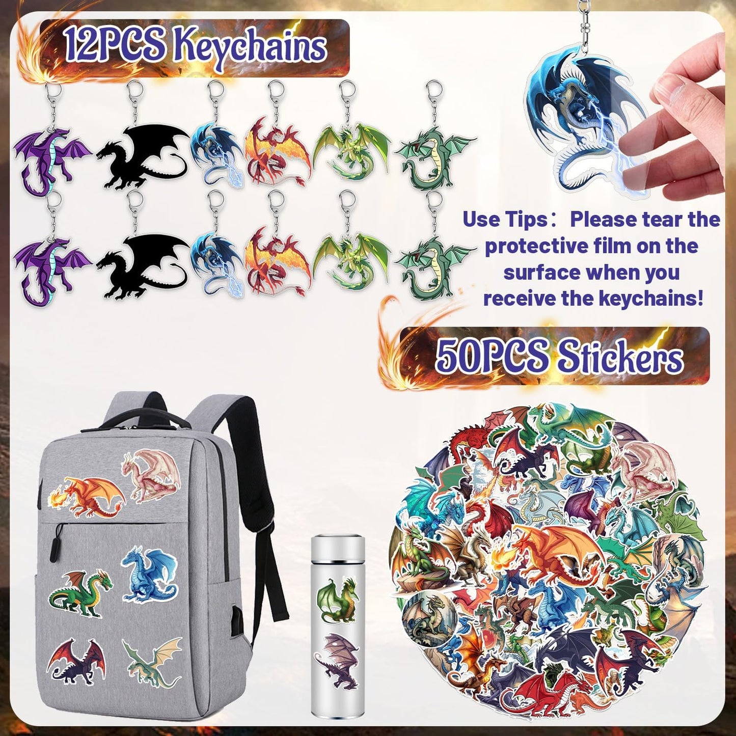 98PCS Dragon Birthday Party Favors Dragon Party Supplies Decorations Dragon Themed Slap Bracelets Stickers Dragon Button Pins Acrylic Dragon Key Ring Temporary Tattoos