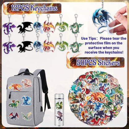 98PCS Dragon Birthday Party Favors Dragon Party Supplies Decorations Dragon Themed Slap Bracelets Stickers Dragon Button Pins Acrylic Dragon Key Ring Temporary Tattoos