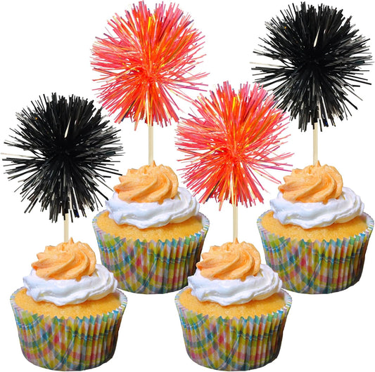 Gyufise 30Pcs Foil Firework Cupcake Toppers Happy Birthday Cake Toppers Sparkle Tinsel Flower Drink Stirrers Cocktail Food Fruit Toothpicks for Valentine's Day Party Supplies Gold - Colors B