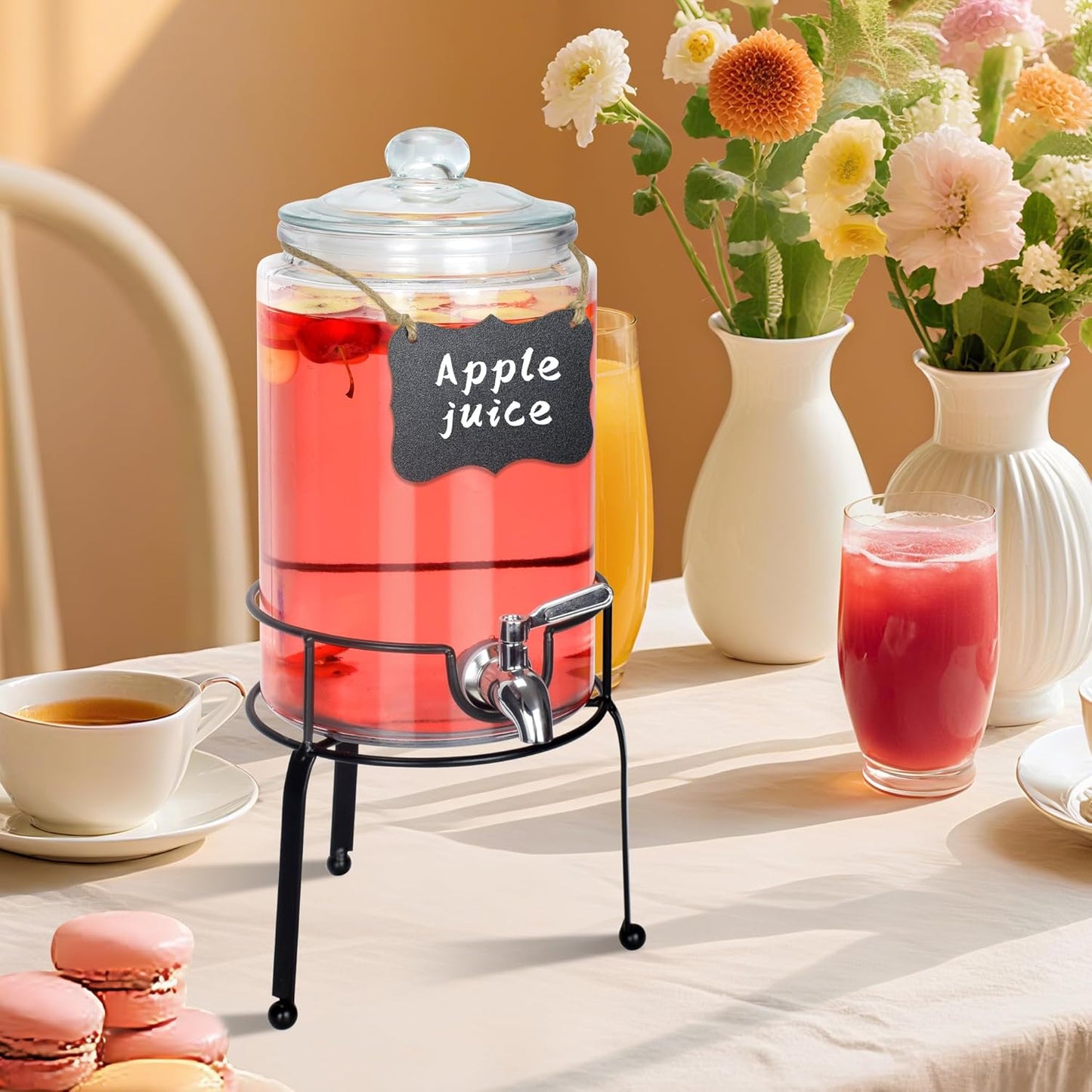 1 Gallon Beverage Dispenser 2 Pack, Stainless Steel Spigot Drink Dispenser for Parties with Stand, Clear Glass Drink Container Easy to Refill and Clean