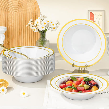 BESTVIP 100 Pack Plastic Bowls with Gold Rim, 12 oz Disposable Soup Bowls, Heavy-duty Dessert Salad Bowl for Party, Wedding, Christmas, Dinner, Catering