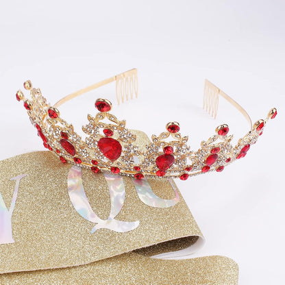 CAVETEE Red Black Birthday Crown and Sash for Women Sash & Rhinestone Tiara Set Red and Black Party Decorations Birthday Queen Crowns Tiaras for Women