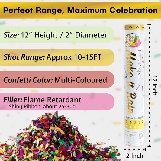 6 Pack 12 Inch Confetti Poppers, Biodegradable Confetti Popper Set for Wedding, Birthday Party Celebrations | Releases 15 ft in the Air