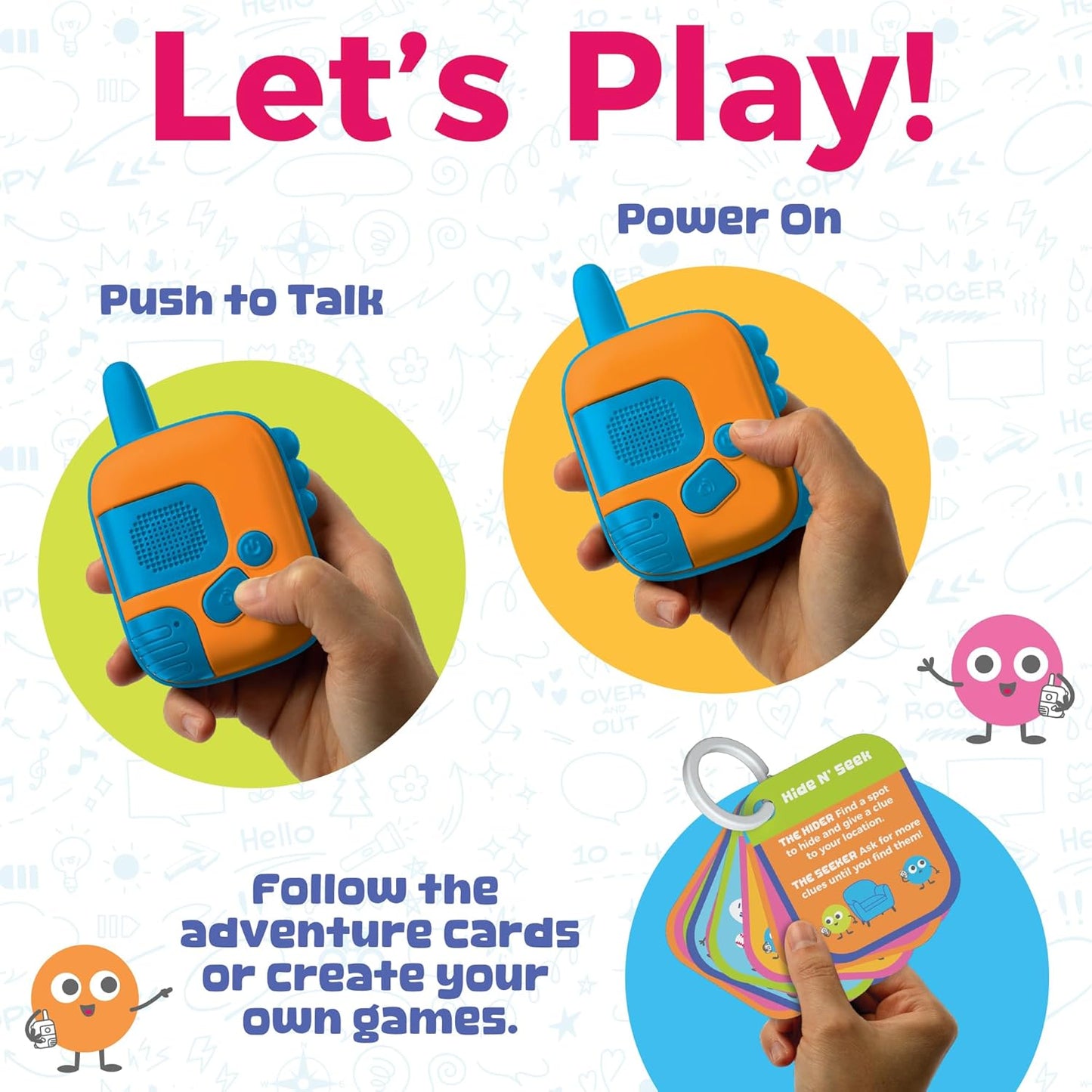 Walkie Talk-Along Scavenger Hunt & Adventure Set - 2 Rugged Walkie Talkies (1,000 ft Range) + 24 Mission Cards - Outdoor Backyard Games for Kids Ages 3+