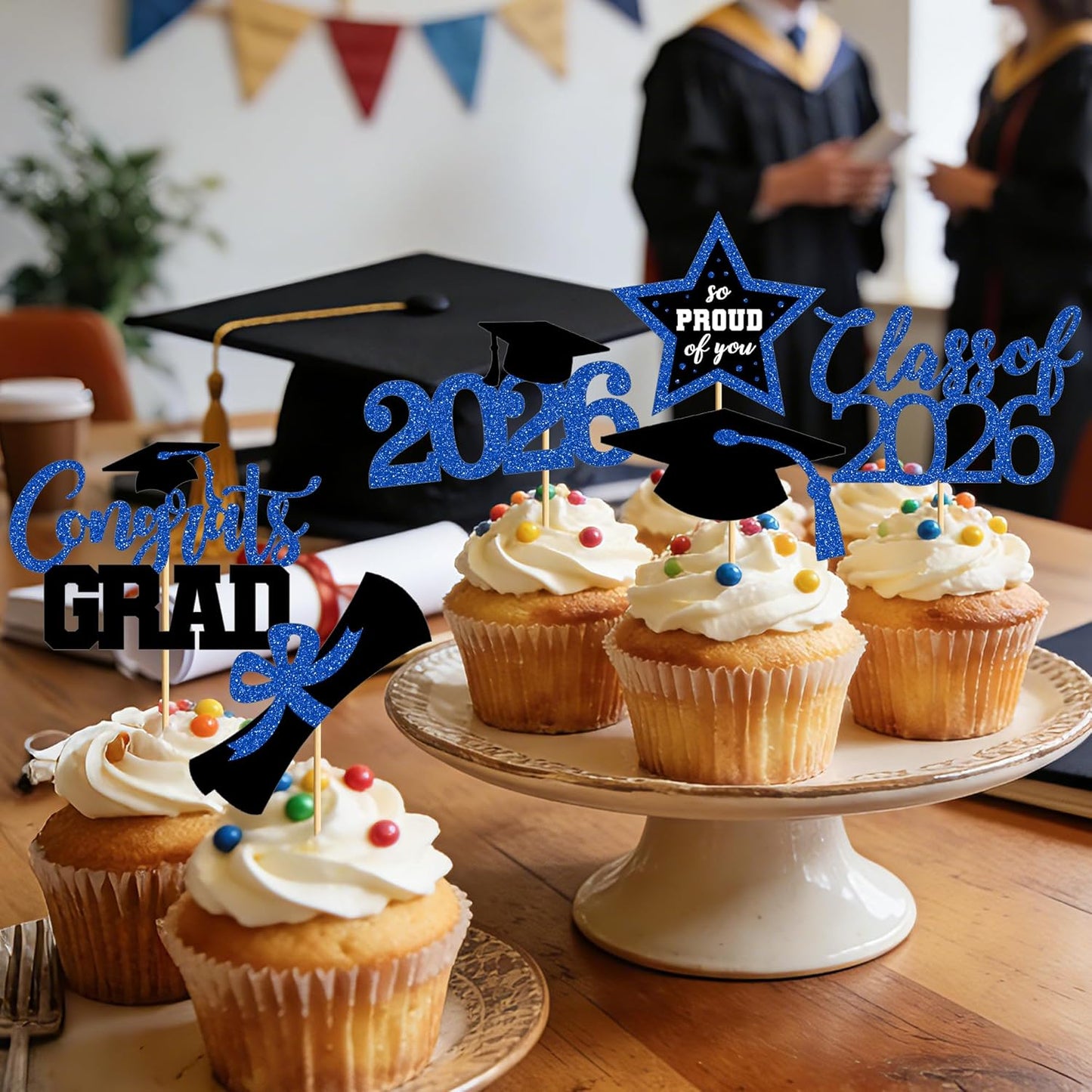 48 PCS Graduation Cupcake Toppers, Glittery 6 Styles Congrats Grad Cake Topper, Black and Red Graduation Decorations 2026, Cap and Diploma Cake Picks for Grad Party Supplies