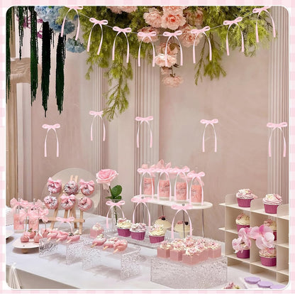 30 Pack Bow Cake Toppers Pink Ribbons Bows for Cake Coquette Themed Bow Cupcake Toppers Pink Bow Birthday Decorations for Baby Shower, Birthday, Wedding, Bachelorette, Mothers Day Decorations