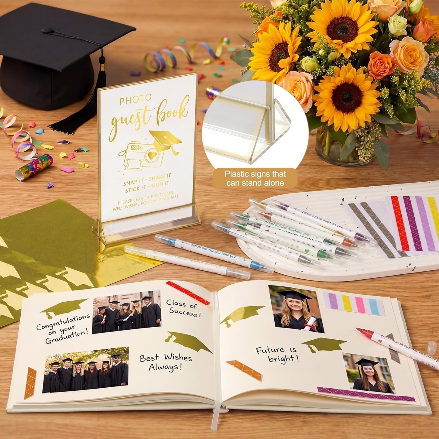 Pajean Graduation Guest Book Set Class of 2026 Memory Scrapbook with Photo Guest Book Sign Dual Tip Pens Photo Corner Stickers Grad Cap Stickers for Grad Party Decorations Supplies Gifts (Black)