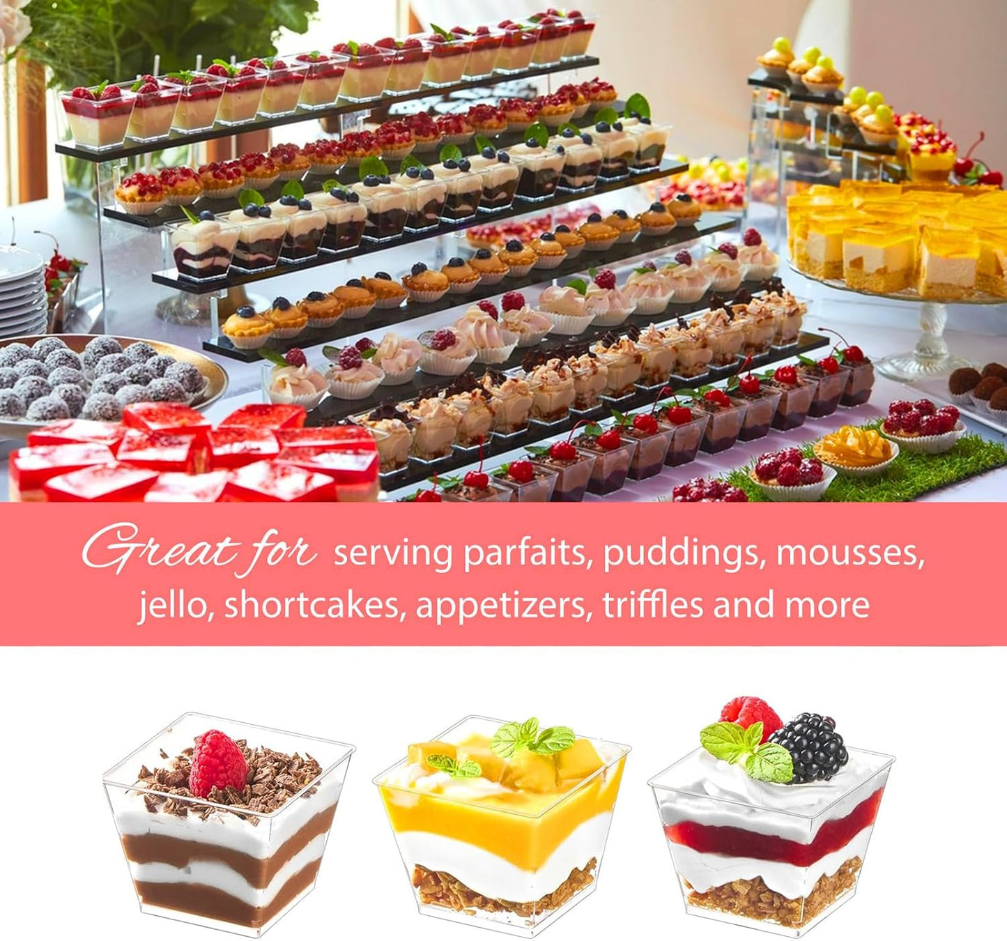 Zezzxu 3 oz Square Mini Dessert Cups with Spoons - 50 Pack Plastic Pudding & Parfait Cups Party Dessert Shooters for Serving Trifle Mousse Cake Appetizers